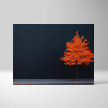 Minimalist autumn canvas art featuring a vibrant orange tree against a dark blue background wall art.