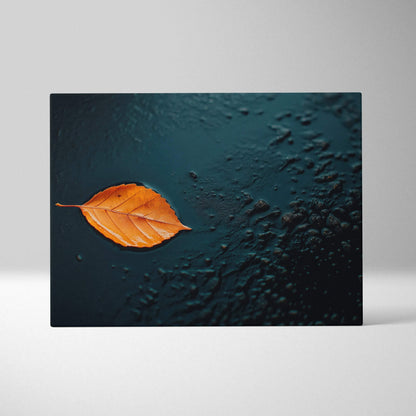 Minimalist autumn leaf on black textured background canvas wall art print.
