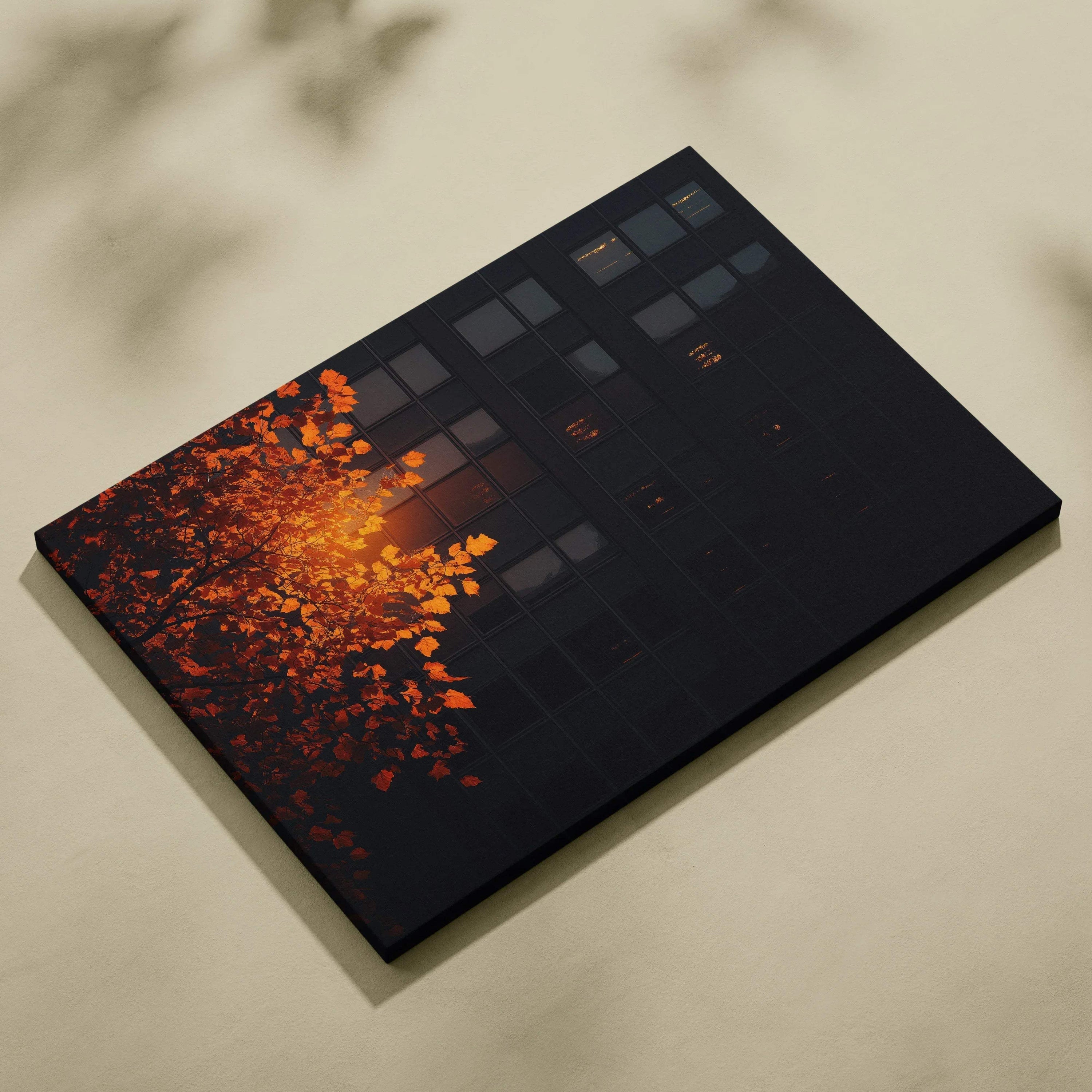 Minimalist autumn nature canvas art with glowing orange leaves against dark serene forest background wall art.