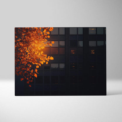 Minimalist autumn nature canvas art with glowing orange leaves beside dark grid building wall art.