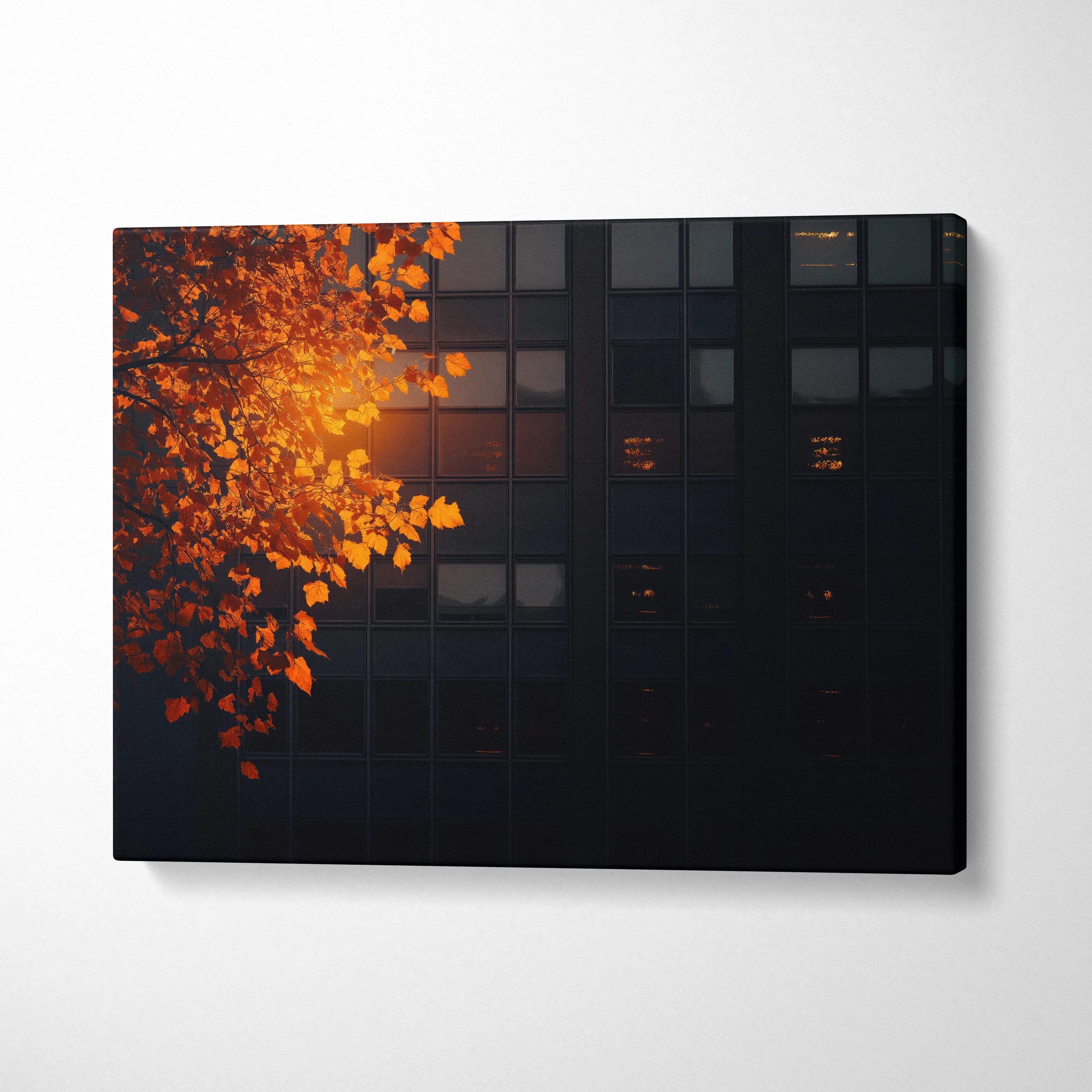Minimalist autumn nature canvas art with glowing orange leaves against dark forest background wall art.