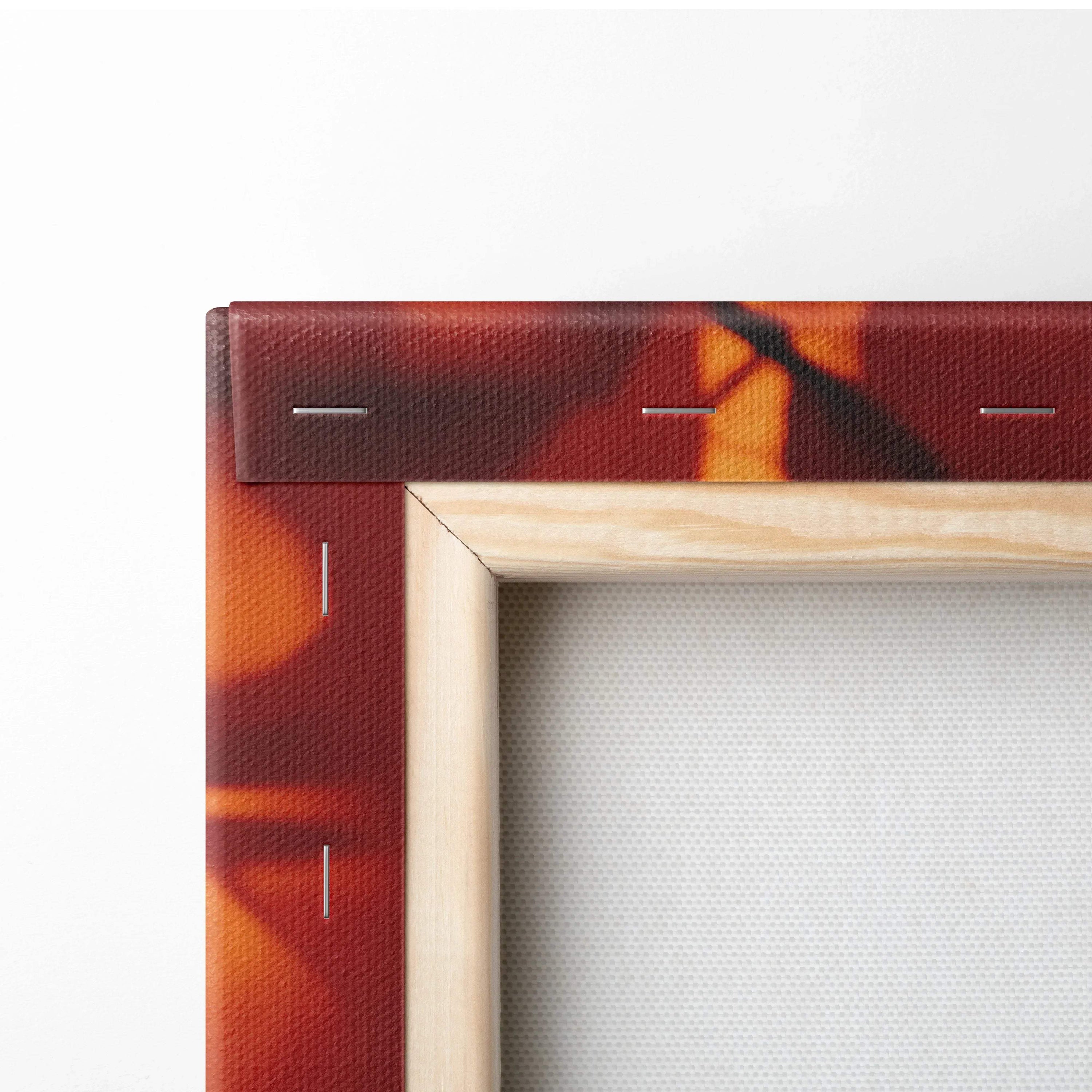 Close-up of wooden frame corner on autumn-themed digital art canvas wall art with warm golden hues.