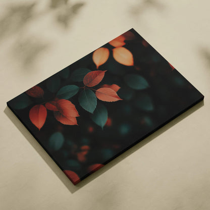 Minimalist autumn canvas art with dark background and red-orange leaves, wall art print.