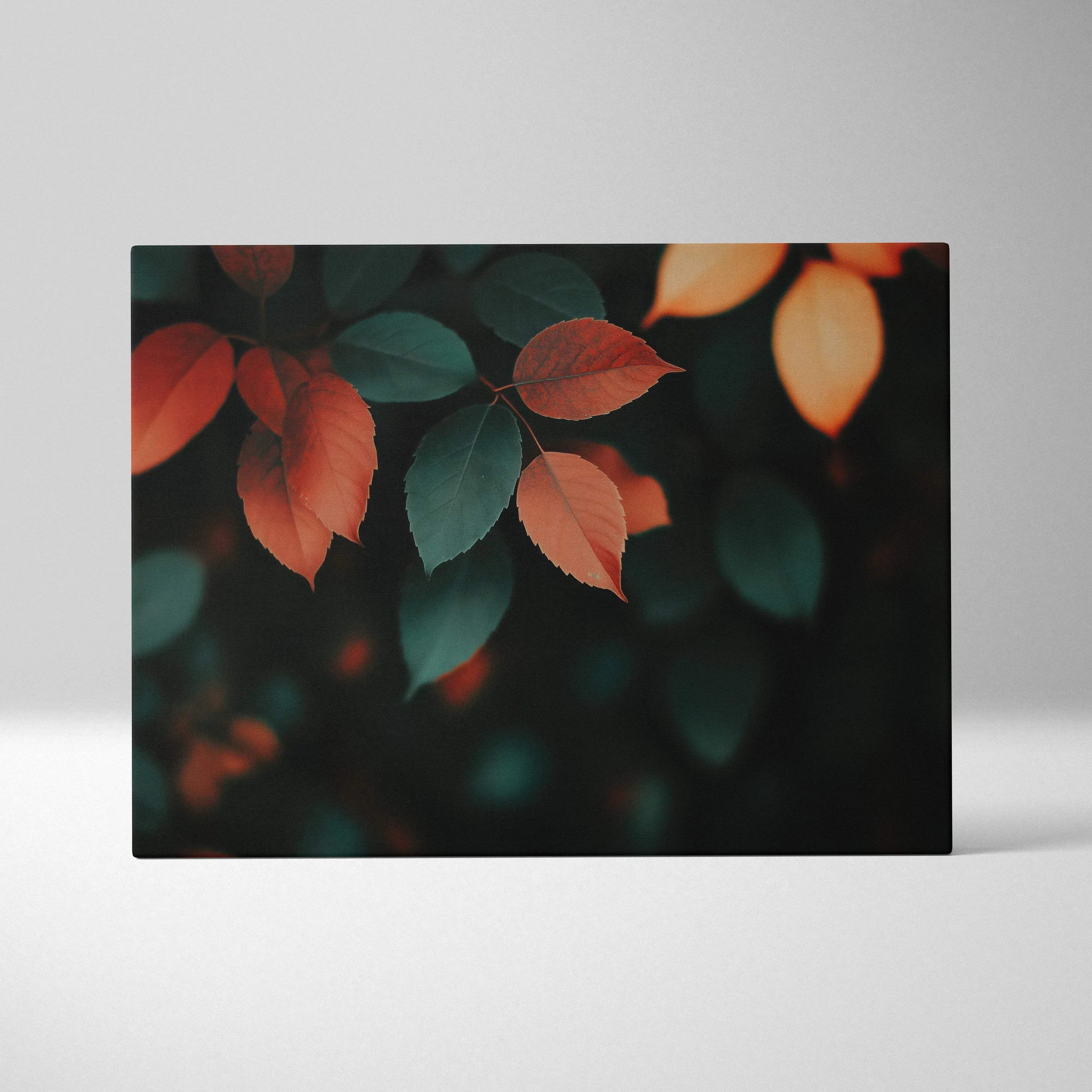Minimalist autumn leaf canvas art with golden and dark green hues, serene nature wall art.
