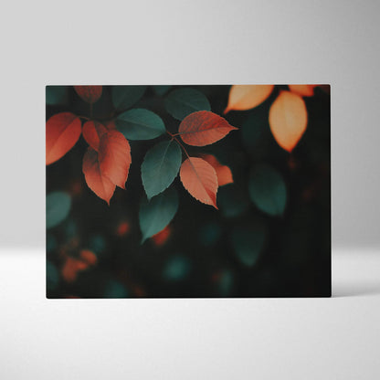 Minimalist autumn leaf canvas art with golden and dark green hues, serene nature wall art.