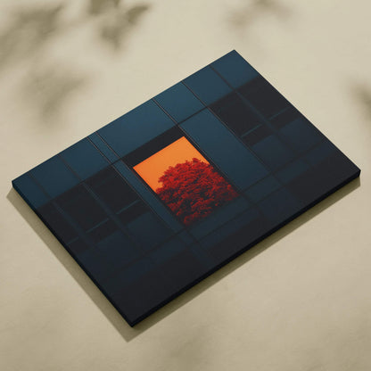 Minimalist autumn nature digital art canvas with falling red leaves framed by dark geometric shapes, wall art.