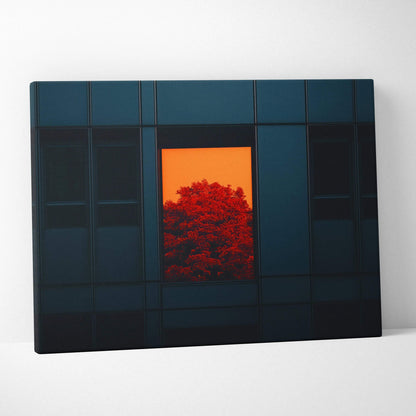Minimalist autumn nature canvas wall art with red leaves framed by dark building windows.