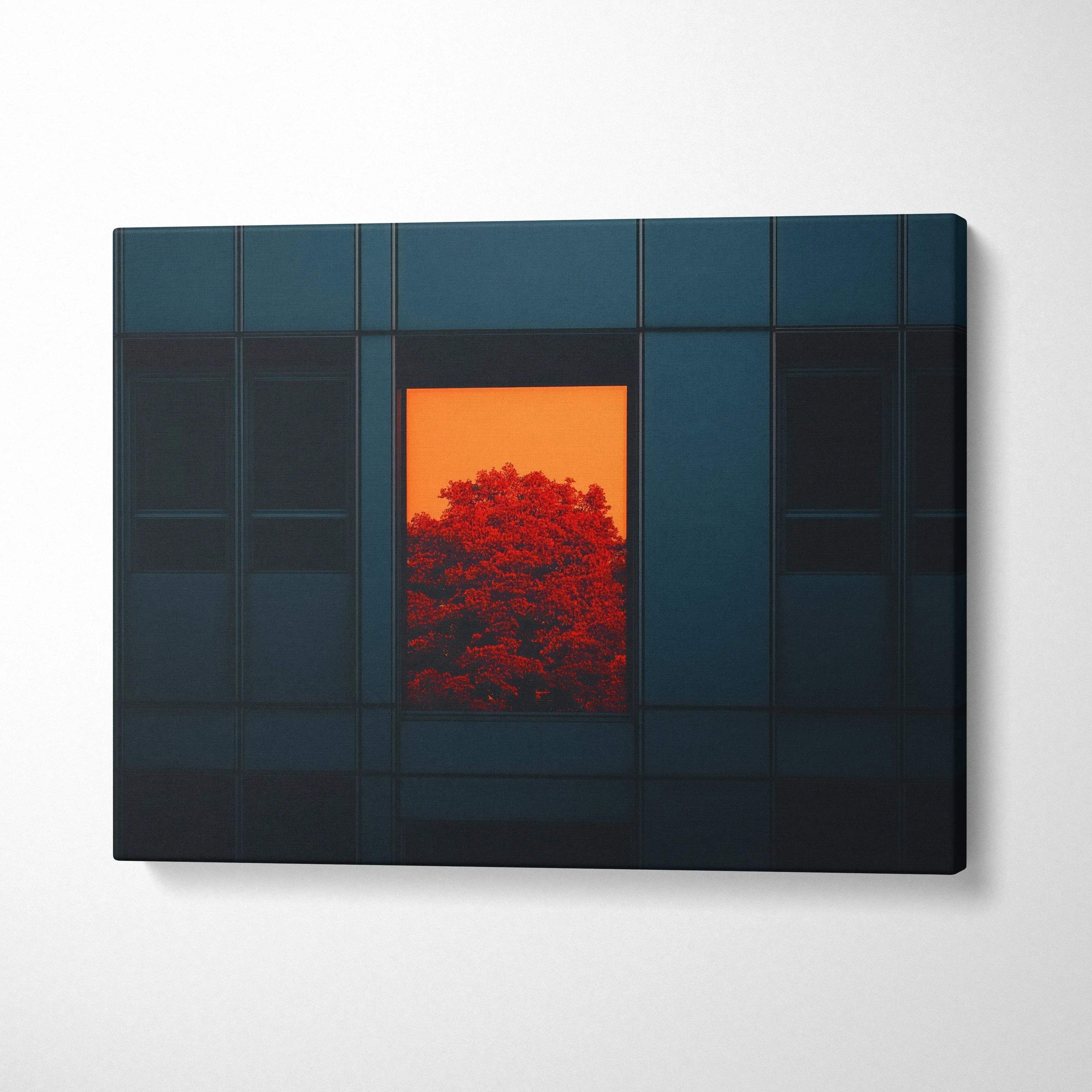 Minimalist autumn wall art canvas featuring bright red leaves framed by dark forest tones on canvas art print.