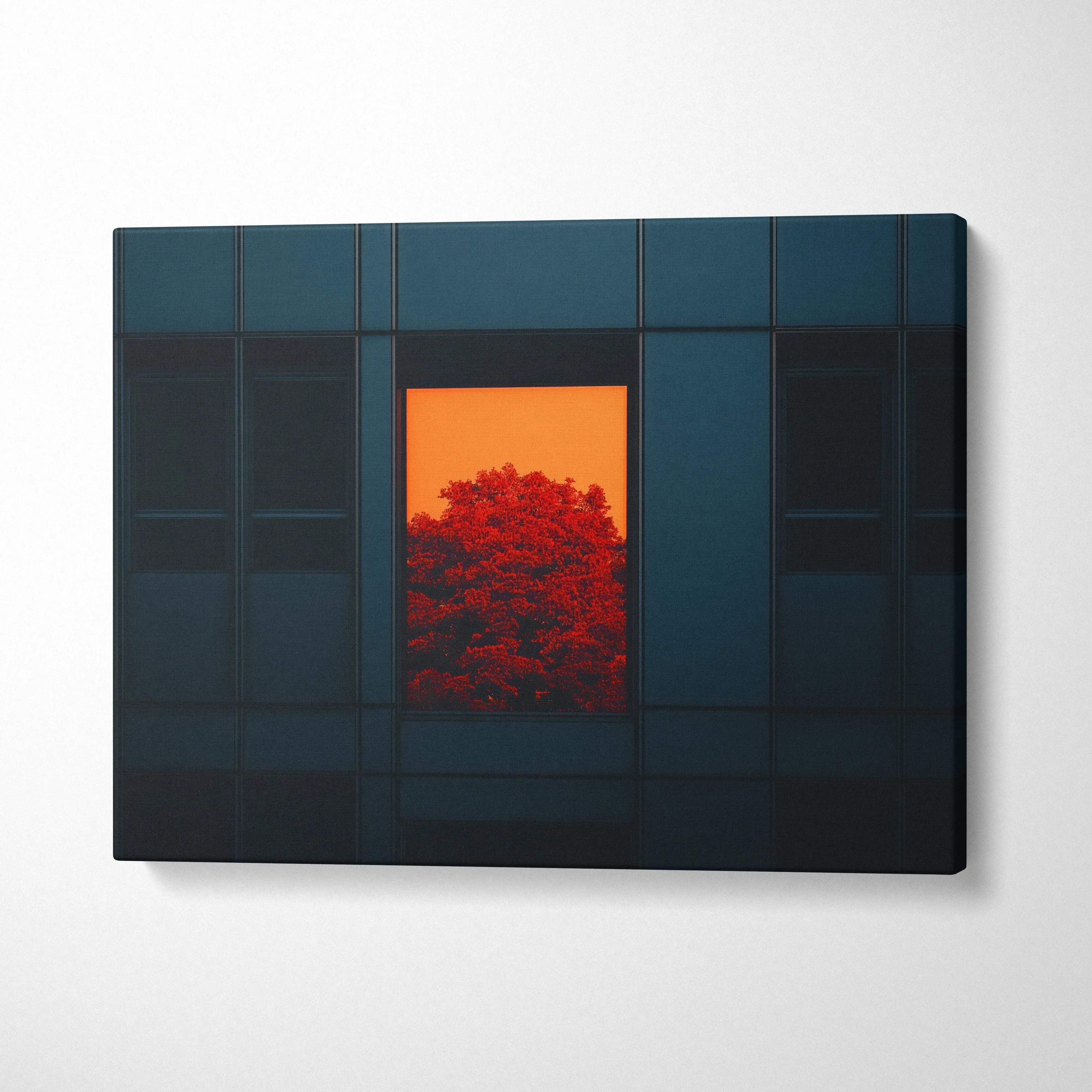 Minimalist autumn wall art canvas featuring bright red leaves framed by dark forest tones on canvas art print.