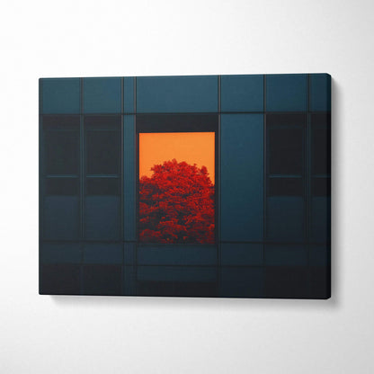 Minimalist autumn wall art canvas featuring bright red leaves framed by dark forest tones on canvas art print.