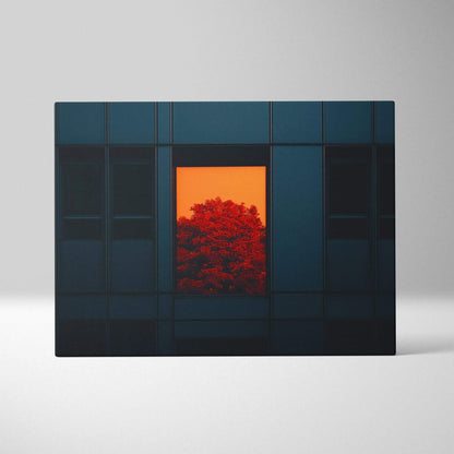 Canvas wall art featuring vibrant red autumn tree framed by dark minimalist window design.