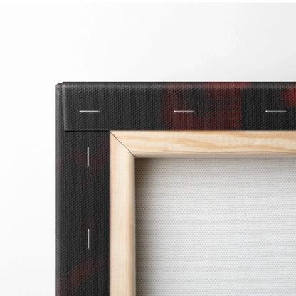 Close-up of wooden frame corner and staple detail on wrapped canvas art wall print.