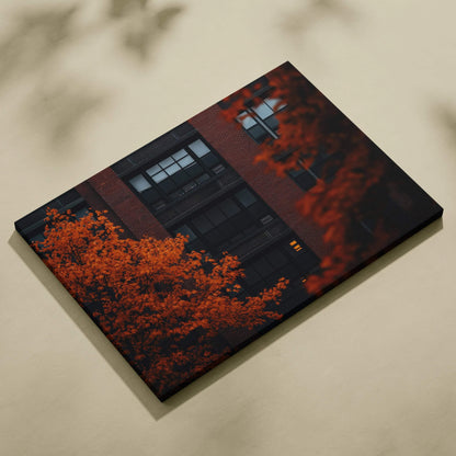 Minimalist autumn nature canvas art with golden leaves and dark building background wall art.