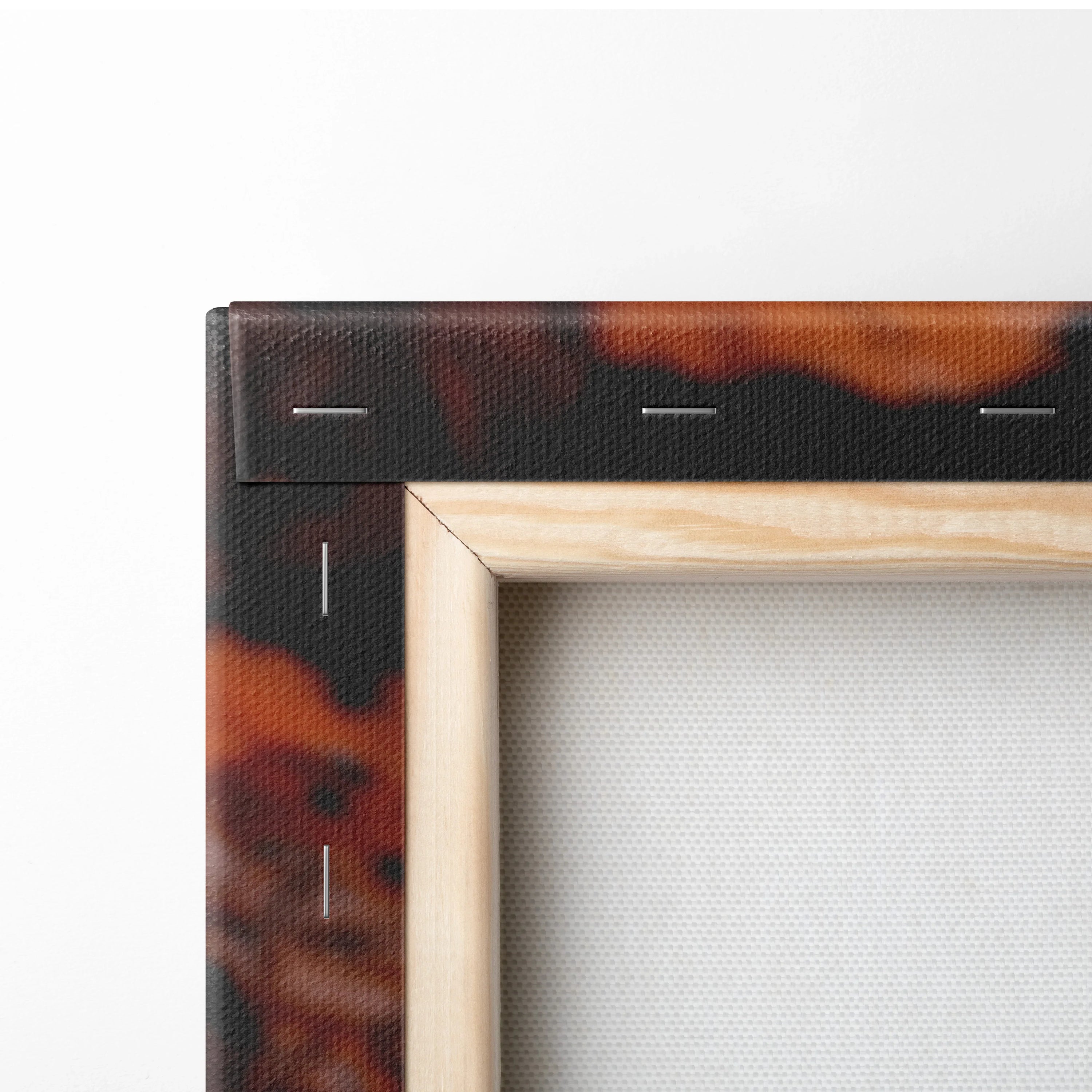 Close-up of wooden frame and stapled edge on minimalist autumn nature canvas wall art print.