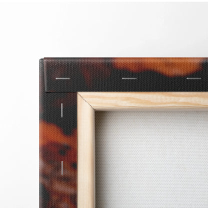Close-up of wooden frame and stapled edge on minimalist autumn nature canvas wall art print.