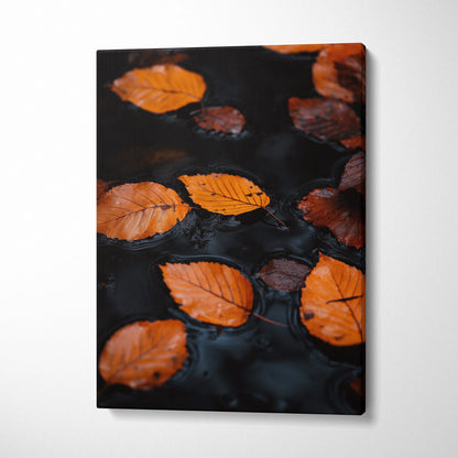 Autumn leaves floating on dark water minimalist canvas wall art print.