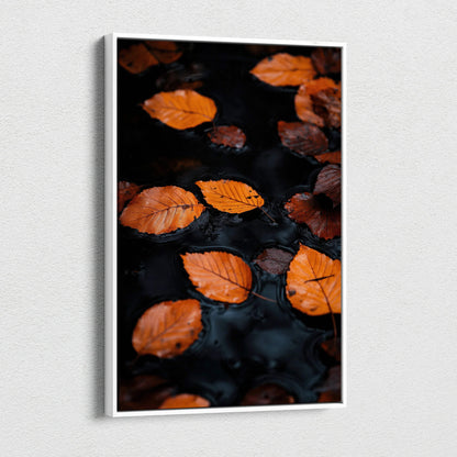 Minimalist autumn leaves floating on dark water canvas wall art print.