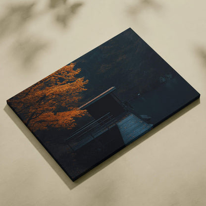 Minimalist autumn canvas art with vibrant orange foliage and dark serene landscape wall art.