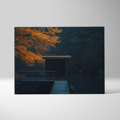 Autumn nature digital art canvas with vibrant orange foliage and serene lakeside cabin wall art.