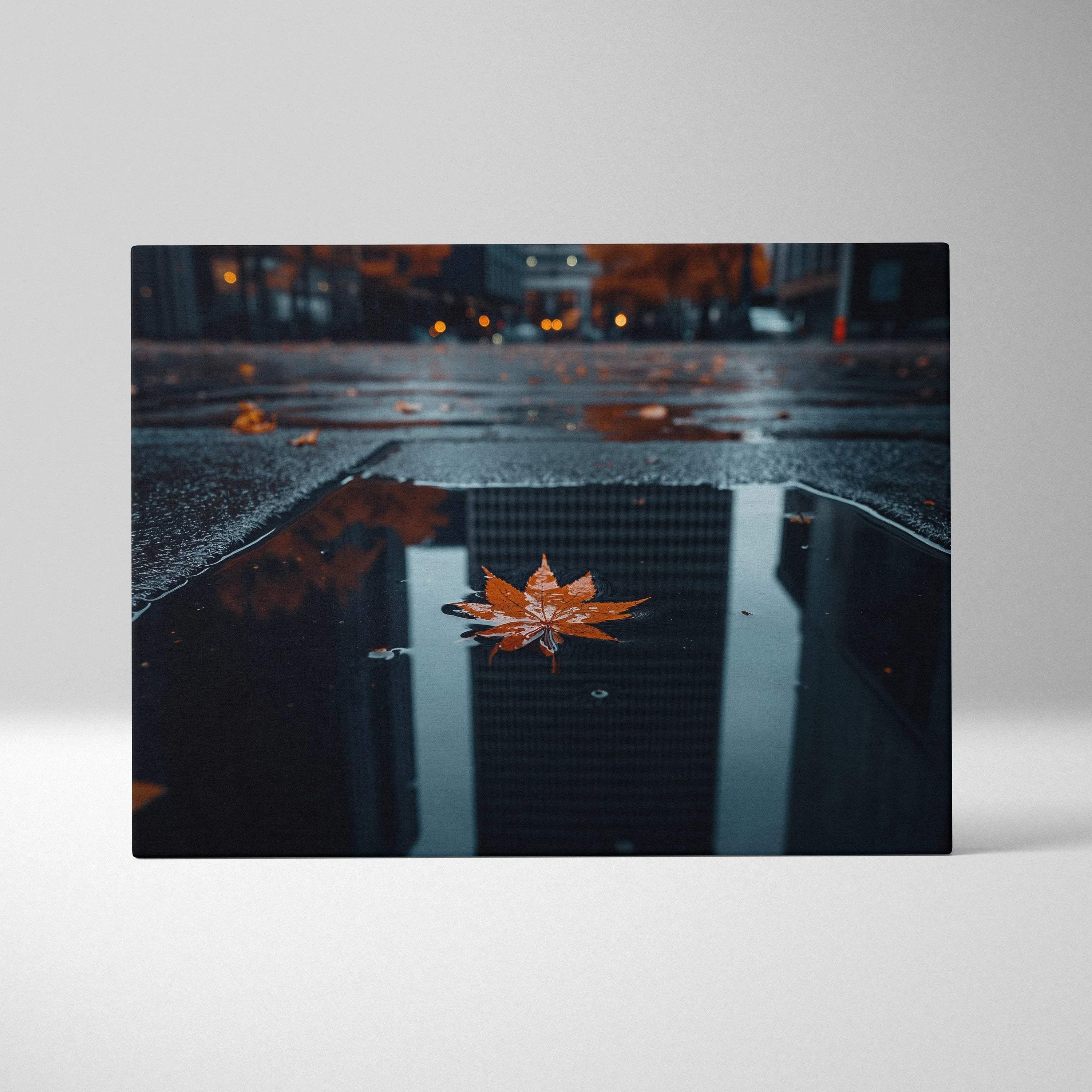 Minimalist digital art canvas featuring a single golden autumn leaf floating on dark water with city reflections, earthy.