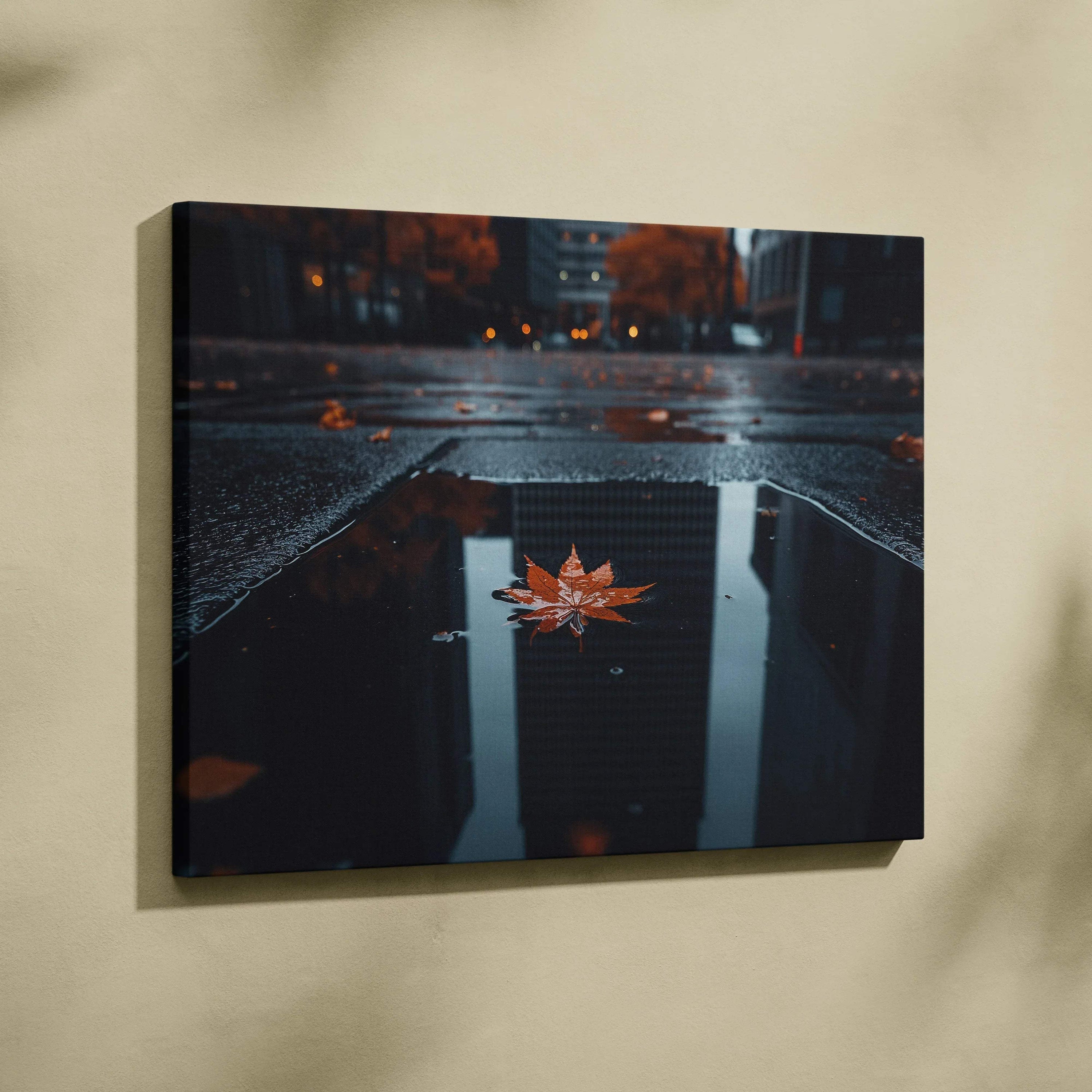 Minimalist autumn nature canvas art with golden leaf on wet street reflection wall art.