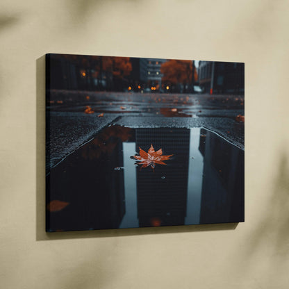 Minimalist autumn nature canvas art with golden leaf on wet street reflection wall art.