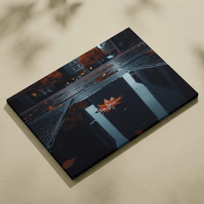 Minimalist autumn digital art canvas featuring golden leaves on dark reflective surface, earthy tones wall art.