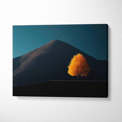 Minimalist canvas art with a single golden autumn tree against dark mountain and teal sky wall art.