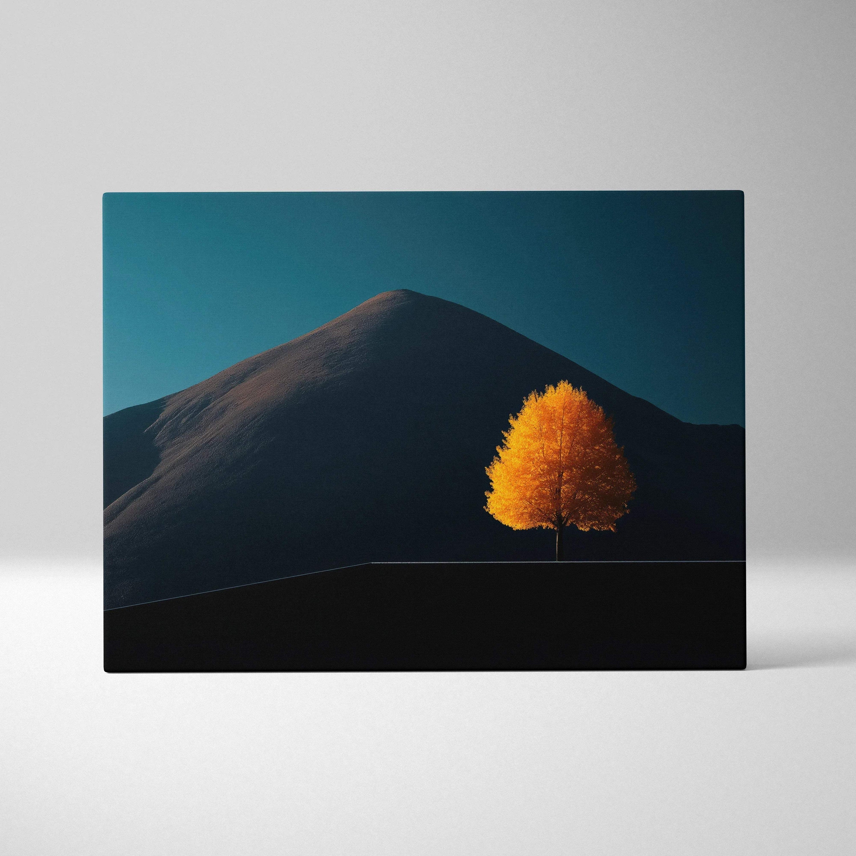 Minimalist autumn nature canvas art with glowing golden tree against dark mountain backdrop wall art.