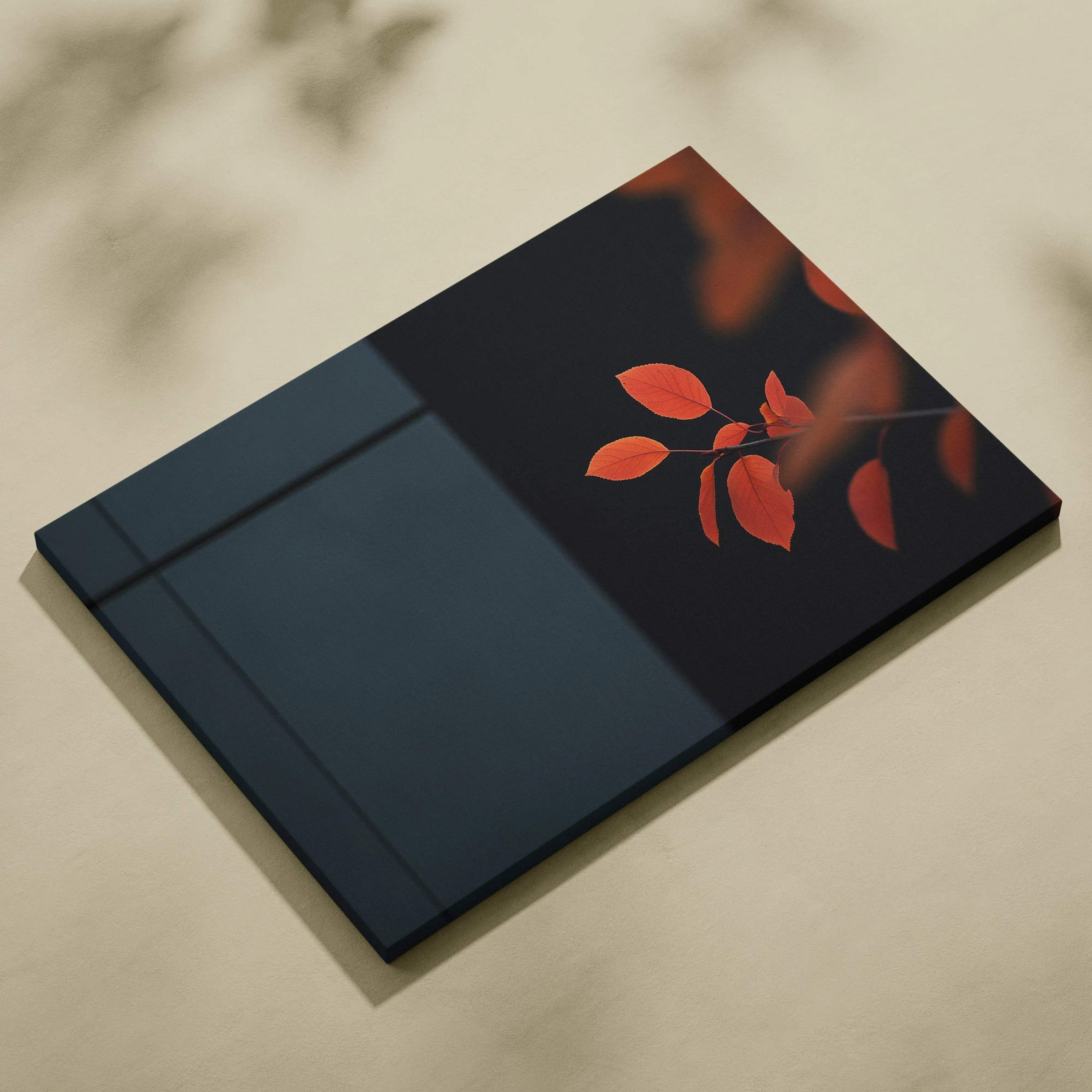 Minimalist autumn canvas art with golden falling leaves on dark background wall art.