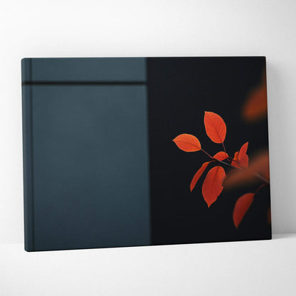 Minimalist autumn canvas art with vibrant red leaves on black background wall art.