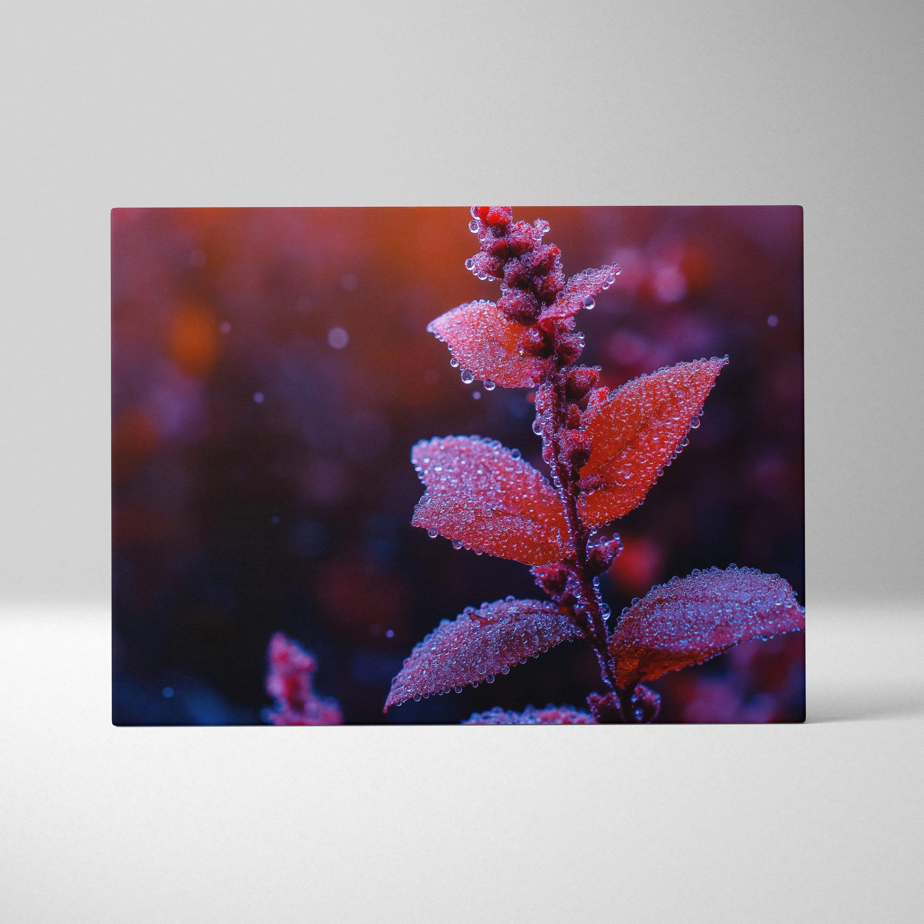 Minimalist autumn canvas art featuring close-up of frost-covered red leaves with deep purple and orange background wall art.
