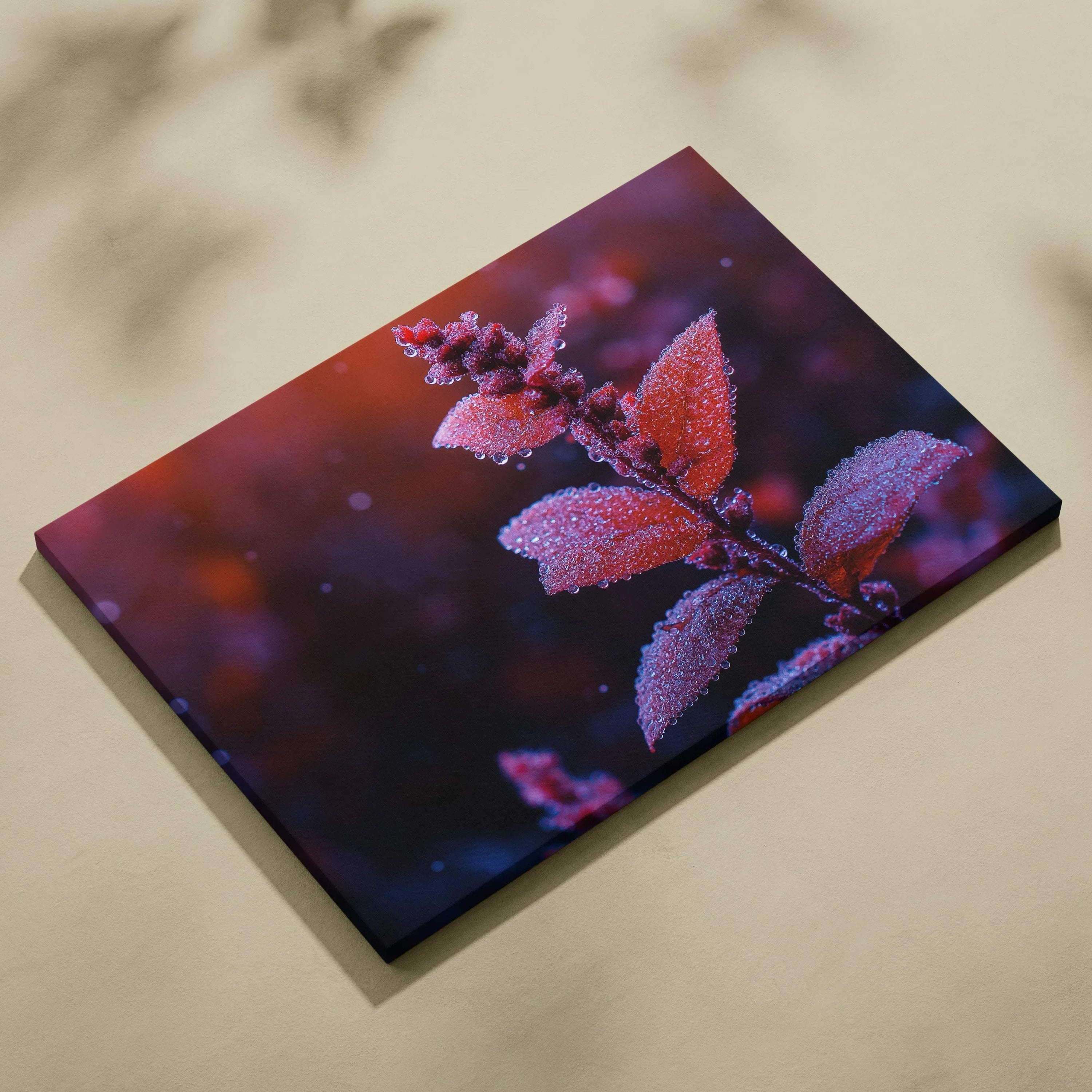 Minimalist autumn canvas art with red leaves and frosty texture in soft focus wall art.