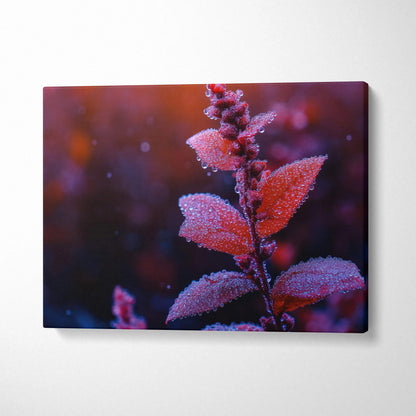 Minimalist autumn canvas art featuring frosted red leaves with soft bokeh background wall art.