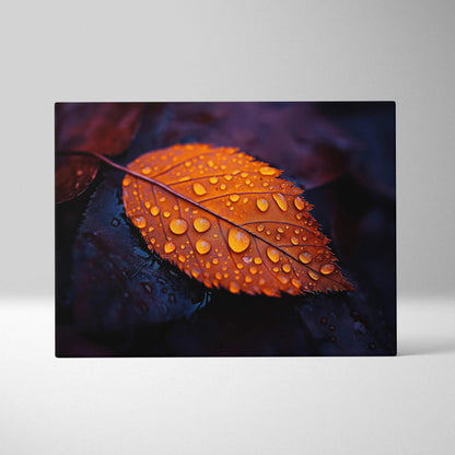Canvas wall art featuring a close-up of a golden autumn leaf with water droplets on dark background.