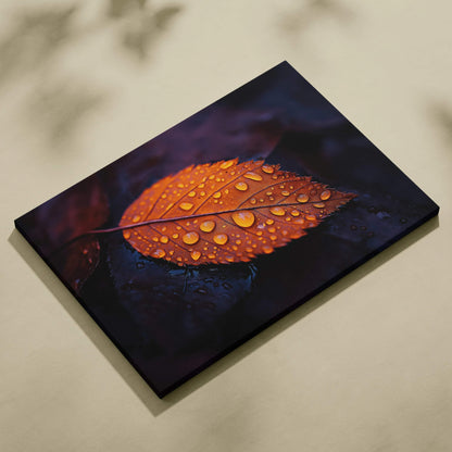 Minimalist autumn leaf digital art on canvas with golden tones and water droplets, wall art decor.