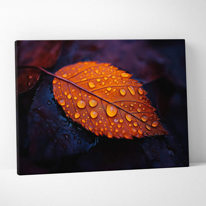 Minimalist autumn canvas art with golden leaf covered in water droplets on dark background wall art.
