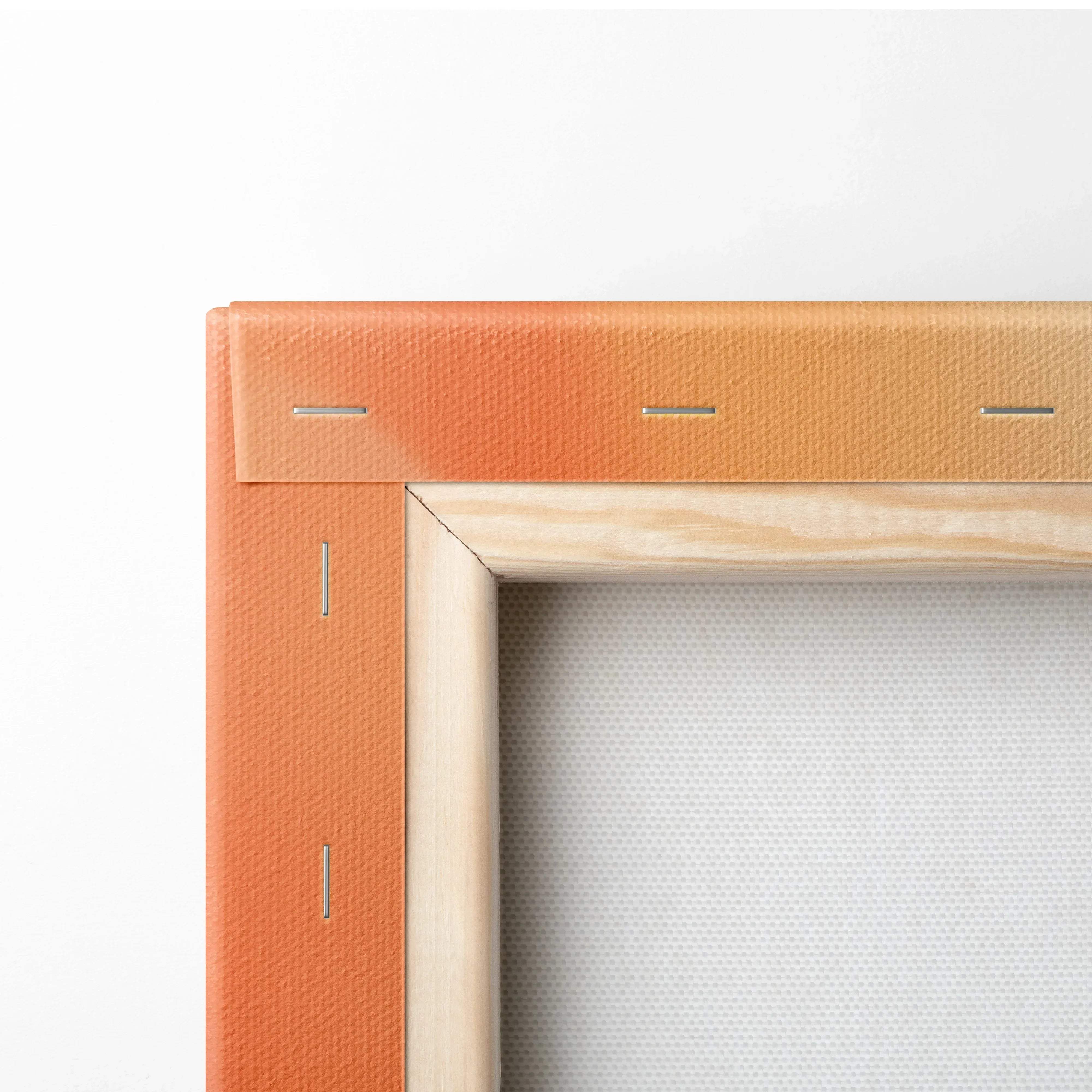 Orange textured canvas frame with light wood border featuring minimalist autumn leaves in warm earthy tones and rich red colors
