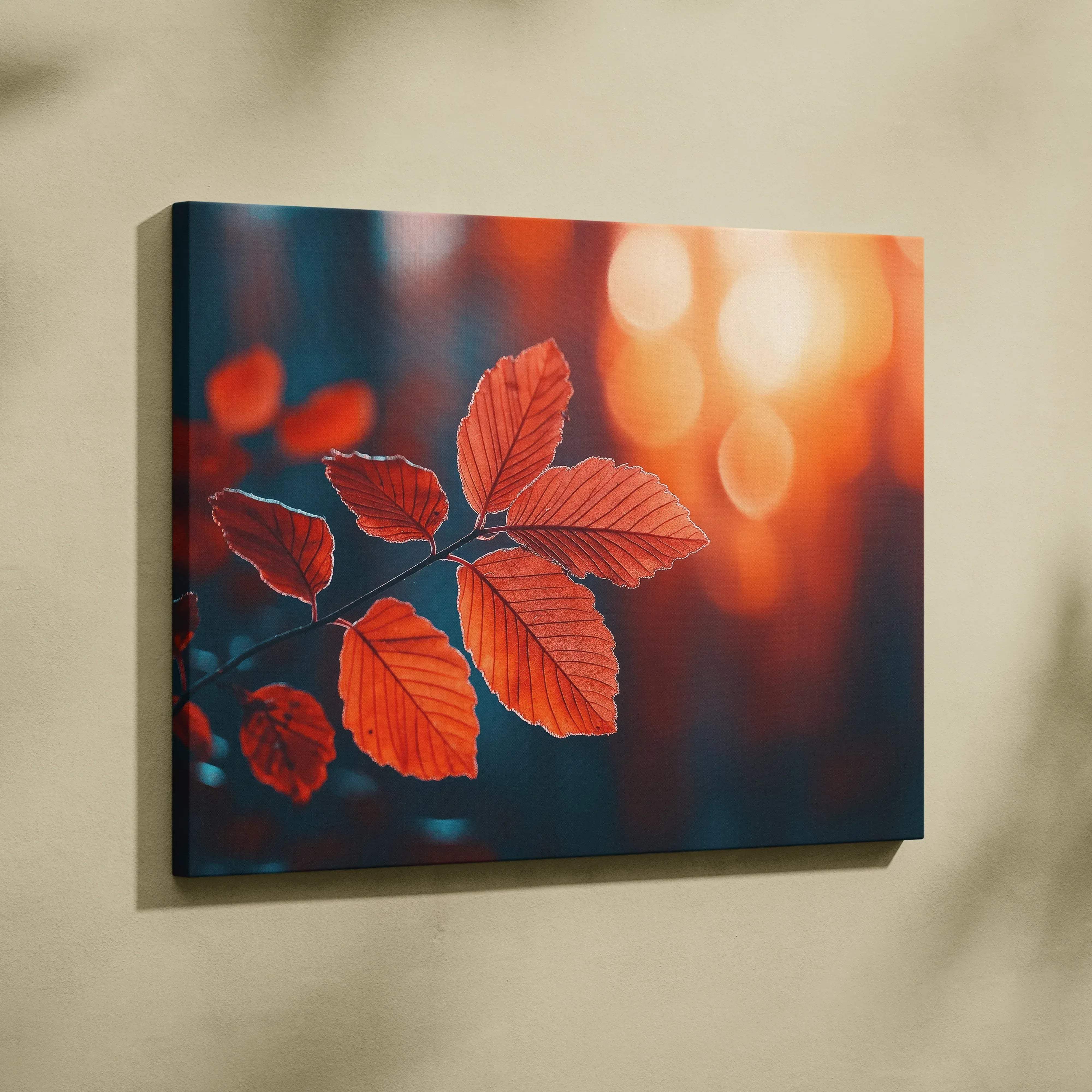 Rectangular canvas wall art featuring a branch of vibrant orange-red autumn leaves with warm earthy bokeh background