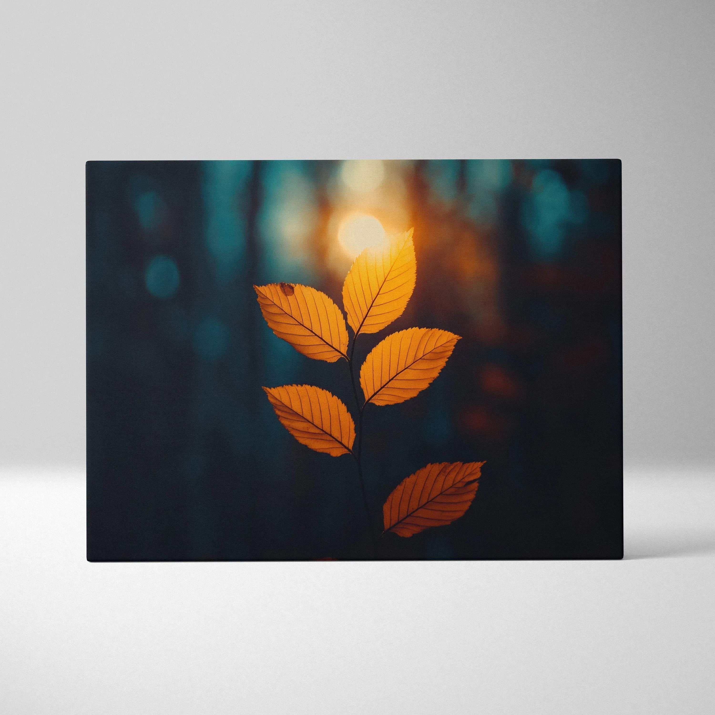 Minimalist autumn leaves glowing gold against blurred dark forest background canvas wall art.
