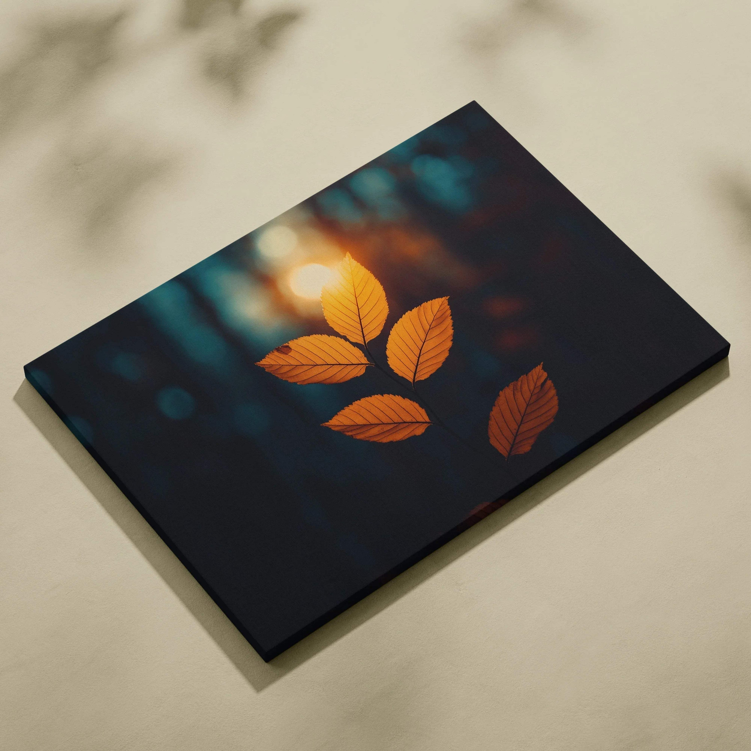 Minimalist autumn canvas art with golden leaves on dark blurred forest background, wall art print.