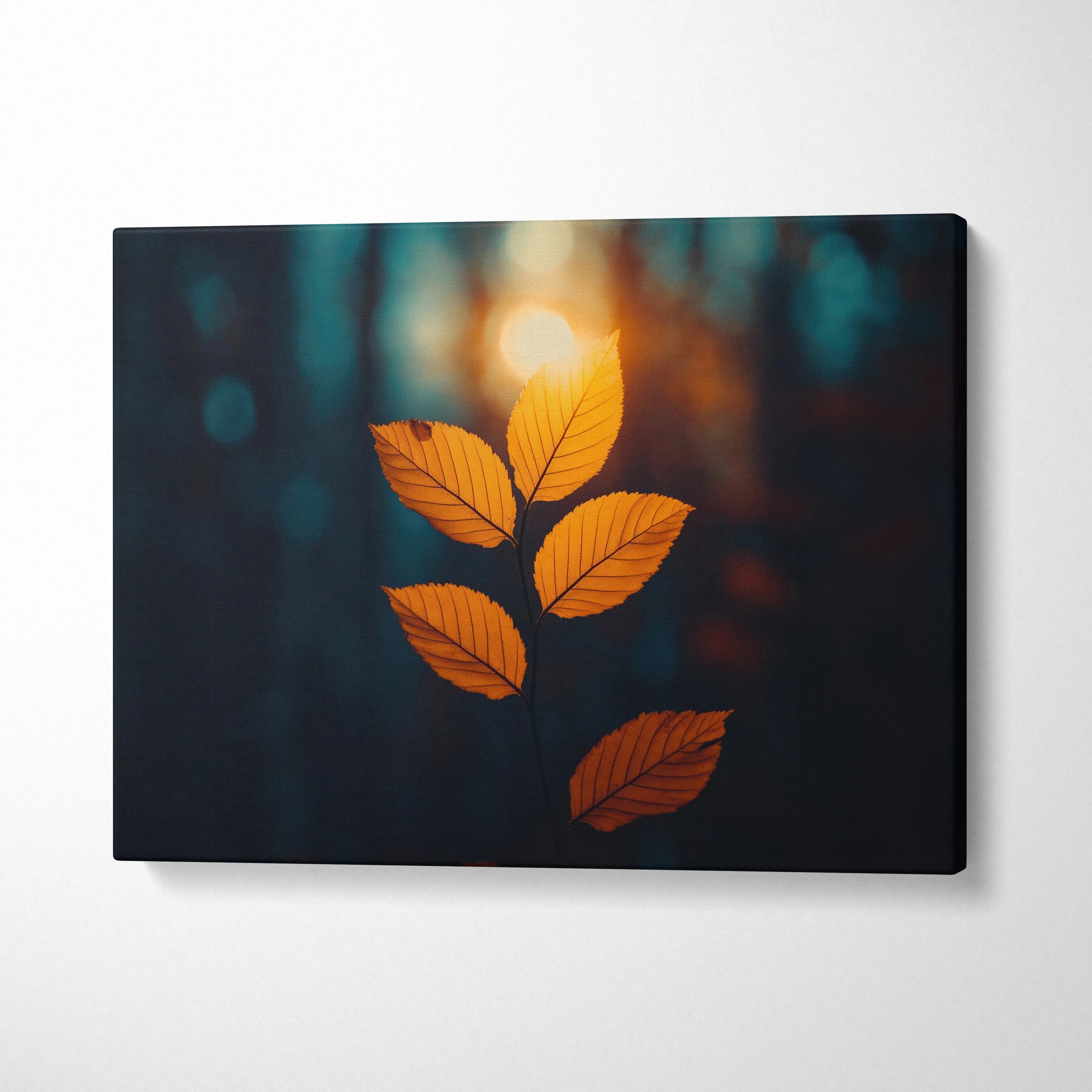 Minimalist autumn leaves with golden glow on dark background canvas wall art.