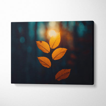 Minimalist autumn leaves with golden glow on dark background canvas wall art.