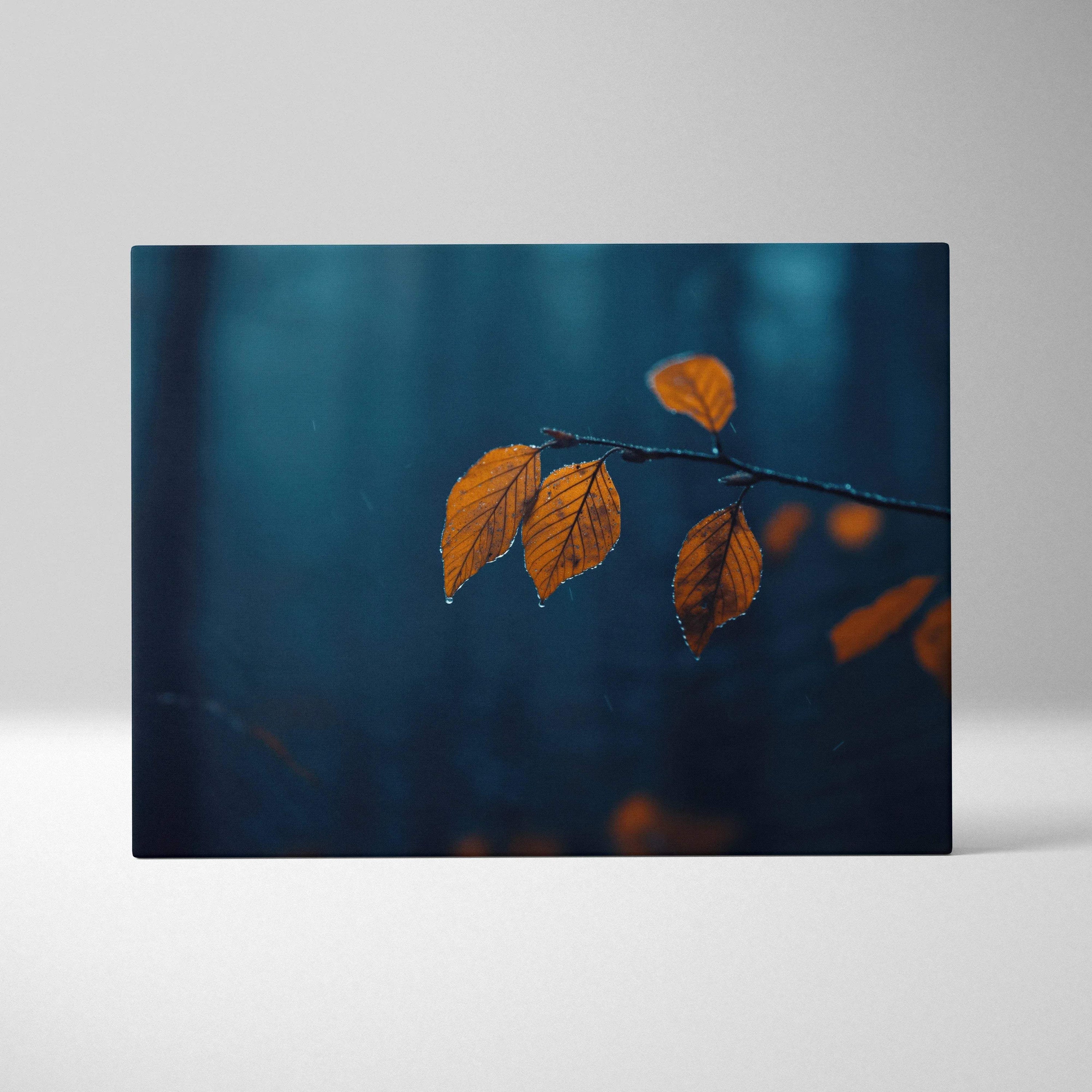 Autumn nature digital art canvas featuring orange leaves on a dark blue background wall art.