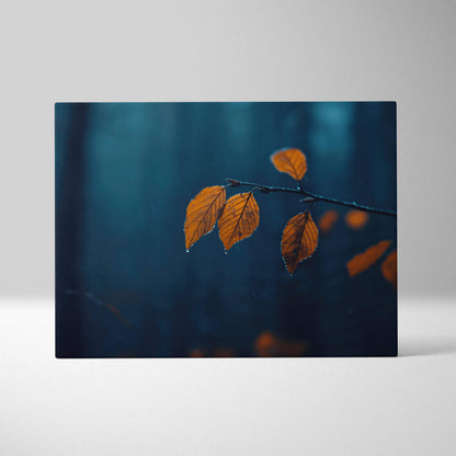 Autumn nature digital art canvas featuring orange leaves on a dark blue background wall art.