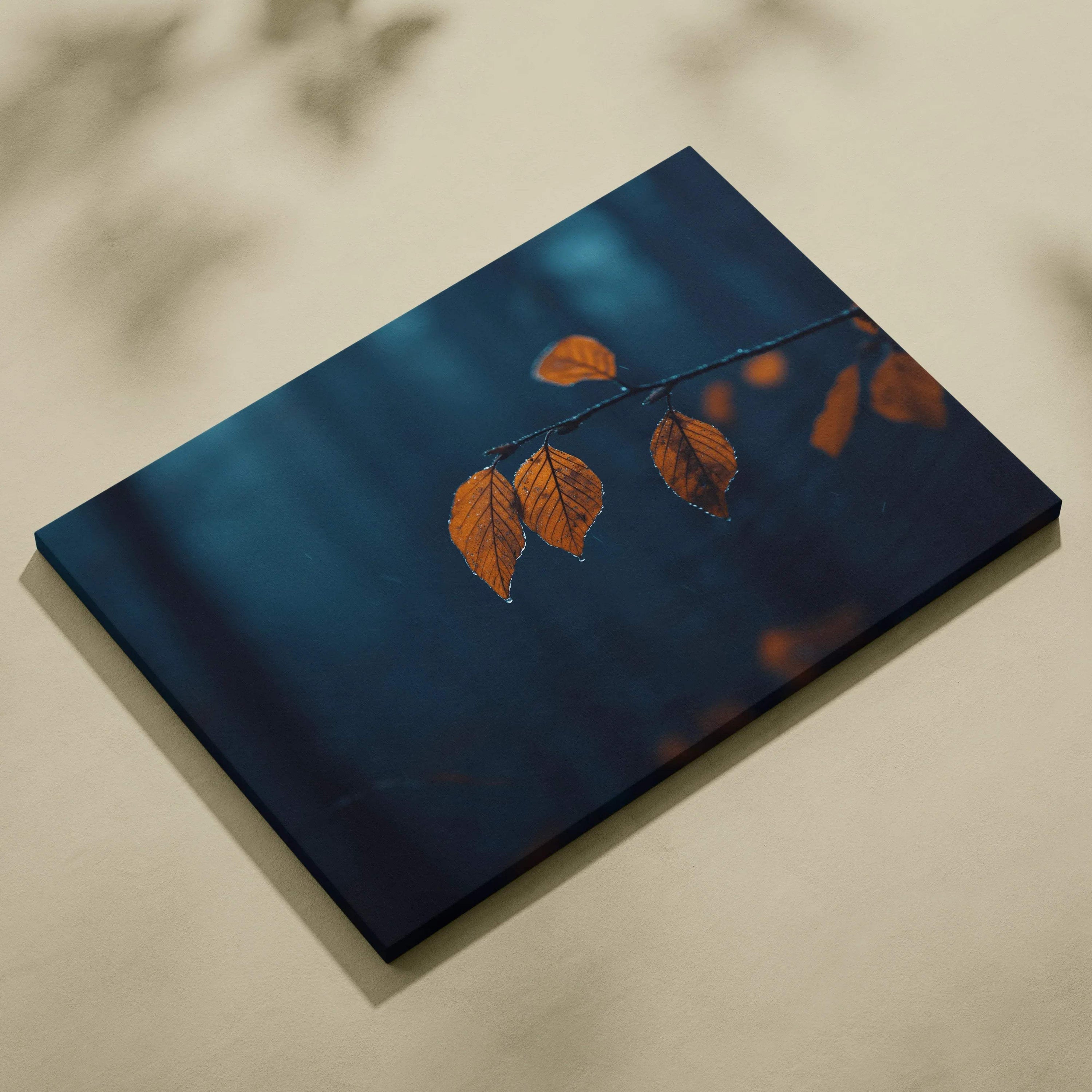 Minimalist autumn nature canvas art with falling golden leaves on deep blue background wall art.