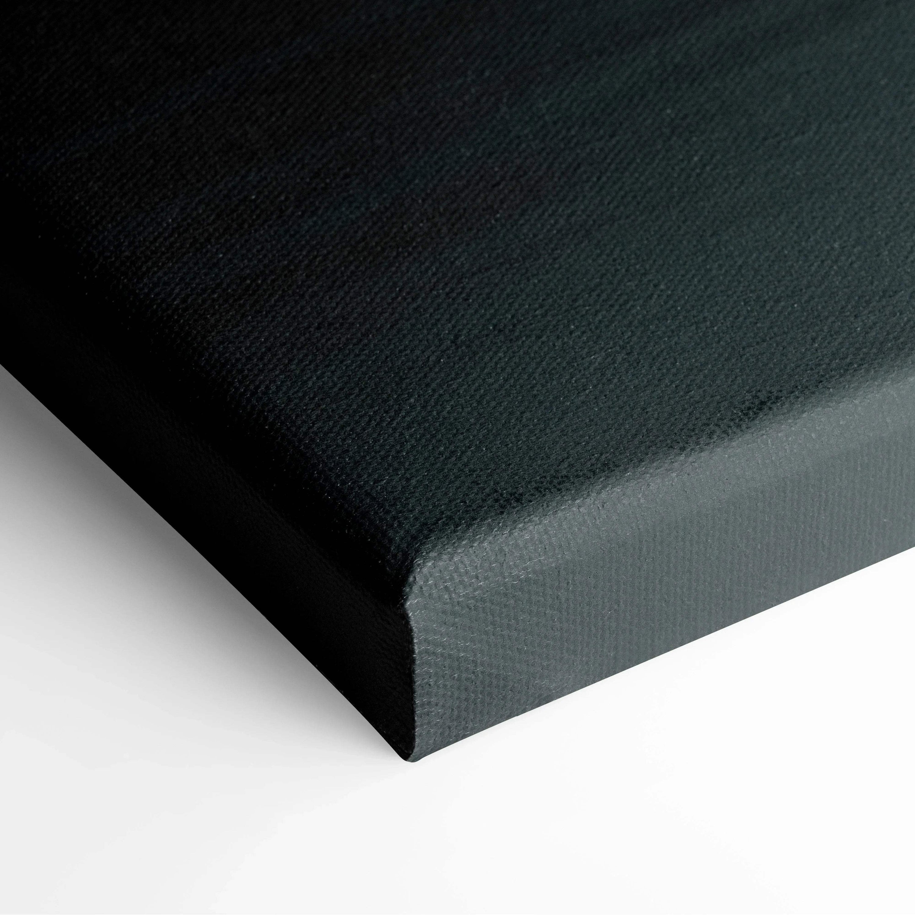 Black stretched canvas corner with tight, smooth texture, minimalist wall art canvas print.