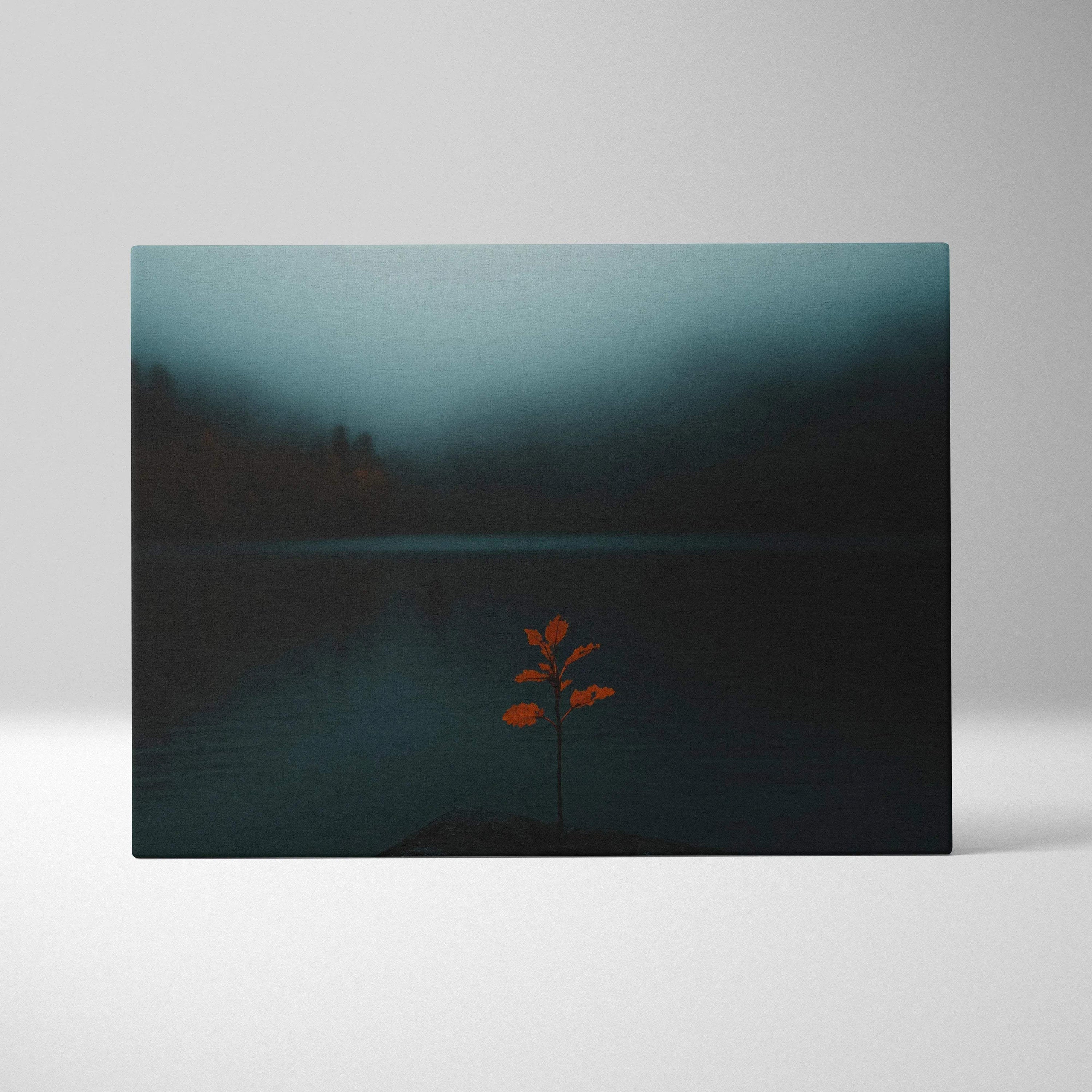 Minimalist autumn nature canvas art with warm orange leaves on dark, misty lake background wall art.