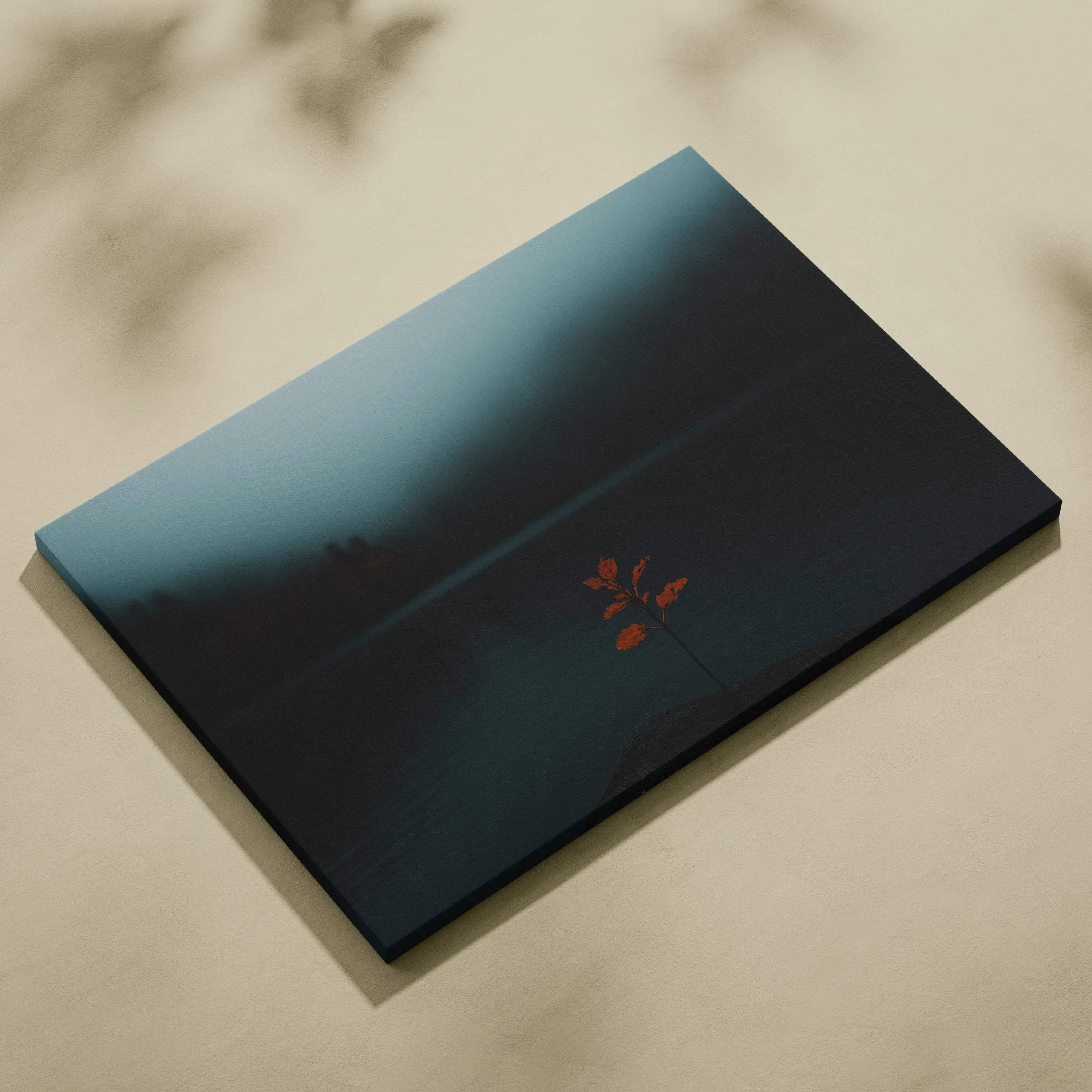 Minimalist autumn nature canvas art with dark blue hues and single red falling leaf wall art.