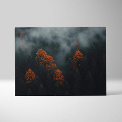 Minimalist canvas art with serene autumn trees in earthy orange tones and misty dark background wall art.